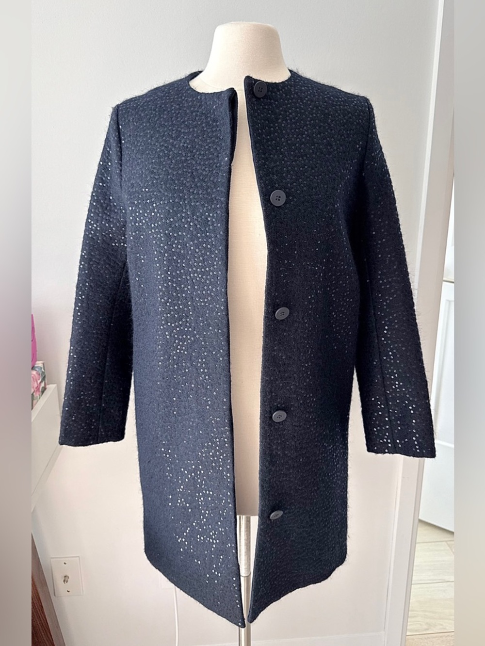 COS Wool Blend Sequin Classic Coat Dark Navy EU 34 (XS–S) NWOT - Picture 8 of 15